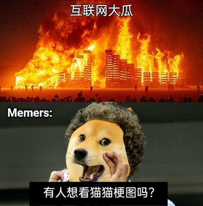 这是一张上下拼接的搞笑梗图，上方是一片被大火吞噬的城市夜景，配文“互联网大瓜”，以此比喻互联网上发生的重大热门事件（网络用语“瓜”指代八卦热点）；下方是将经典Doge柴犬的脸替换到卷发人物头部的形象，标注“Memers:”（即梗图创作者群体），配文“有人想看猫猫梗图吗？”。整图通过强烈的反差感，调侃在全网都关注重大热点事件时，部分梗图创作者却完全不关心热点，只顾着推广自己的猫猫梗图，表现出一种脱离当下热点、专注自身内容的滑稽状态，十分贴合网络社区中部分创作者的“脱线”行为。