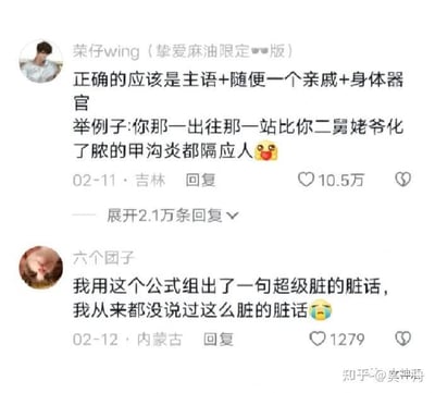 这是一张社交媒体评论区的截图，包含两条搞笑评论：
1. 用户「荣仔wing（挚爱麻油限定🥺版）」分享了一个自创的骂人句式公式：**主语+随便一个亲戚+身体器官**，还举例道：「你那一出往那一站比你二舅姥爷化了脓的甲沟炎都隔应人」，这条评论获得10.5万点赞，有2.1万条回复。
2. 用户「六个团子」回复该评论，表示用这个公式组出了一句自己都没说过的超级脏的脏话，配了一个委屈哭泣的表情，获得1279赞。
整体是网友玩梗，分享奇葩骂人句式的搞笑场景，用生活化的恶心场景来强化骂人的膈应感，充满戏谑趣味。