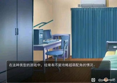 这是一张二次元Galgame的游戏场景截图，画面呈现了一个典型的日式男生卧室：左侧是深色衣柜，中间区域摆放着带电脑的书桌和椅子，右侧是床铺，还有蓝色窗帘和空调，整体是温馨的日常风格。画面底部添加了吐槽文字，点出了Galgame圈子里的常见遗憾：很多这类游戏中存在形象可爱、人气很高的配角，但游戏设计却不允许玩家攻略这些角色，只能体验主线可攻略角色的剧情，让不少偏爱配角的玩家感到无奈和惋惜。