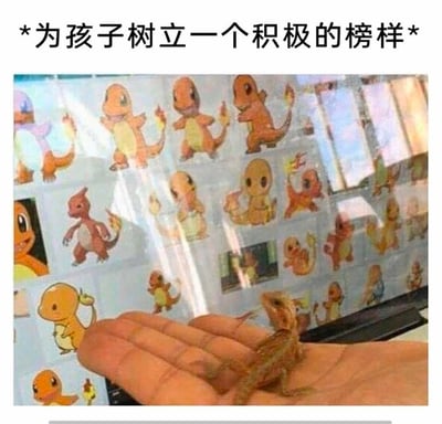 图片上方配有文字“*为孩子树立一个积极的榜样*”，下方是一张实拍照片：一只手托着一只棕黄色的小蜥蜴，背景中贴满了宝可梦系列的小火龙（Charmander）贴纸——这些卡通形象有着橙色身体、黄色腹部和燃烧着火焰的尾巴，表情呆萌。画面通过将真实蜥蜴与卡通小火龙贴纸并置，形成幽默对比，仿佛在“一本正经”地用“现实版小火龙”给孩子做“积极示范”，充满反差萌的搞笑效果。