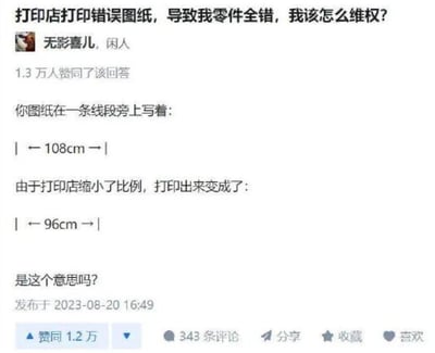 图片为社交媒体问答截图，展示用户因打印店错误缩小图纸比例（原108cm线段缩印成96cm）导致零件报废的维权求助，及网友“无影喜儿”的针对性回复。截图包含提问内容、回答者信息（1.3万人赞同）、尺寸对比描述和发布时间，核心围绕打印失误引发的实际损失与维权咨询展开，语言生活化，场景贴近日常纠纷。
