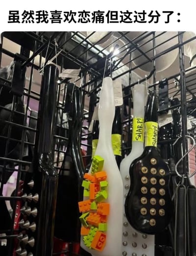 图片展示了商店货架上悬挂的多款造型夸张的paddle，包括黑色带金属钉的款式、白色基底镶嵌彩色乐高块的款式等，部分paddle贴有“SHARP PI”标签。图片上方配有文字“虽然我喜欢恋痛但这过分了：”，通过幽默的方式表达了对这些设计极端的paddle的调侃，暗示其超出了一般“恋痛”爱好者的接受范围。整体场景为真实商店内的商品陈列，光线明亮，商品细节清晰可见。