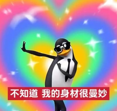 这是一张网络梗表情包，背景为渐变彩虹色，点缀有闪光星星效果，画面中心是一只戴着黑色墨镜、系着黑色领带的企鹅，正张开手臂摆出动感的跳舞姿势，画面底部的红色长条框内配有白色文字“不知道 我的身材很曼妙”，整体风格搞怪有趣。