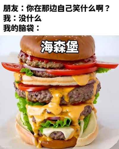 这是一张幽默梗图，上方文字显示对话："朋友：你在那边自己笑什么啊？ 我：没什么 我的脑袋："，下方是一张巨大的多层汉堡图片，汉堡上方有"海森堡"三个字。图片利用谐音梗制造笑点，"海森堡"（电视剧《绝命毒师》主角的化名）与"汉堡"发音相似，暗示虽然嘴上说没什么，但脑子里却在想这个有趣的文字游戏。