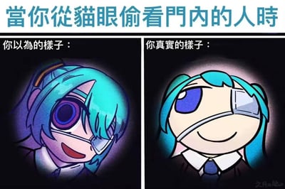 这是一张左右对比的搞笑梗图，以虚拟歌手初音未来的形象展现了人们从猫眼偷看门内时的心理落差：左侧是自己想象中的样子——画风精致，初音单眼凑在猫眼上，眼神兴奋好奇，氛围带点酷感；右侧是现实中的样子——画风魔性滑稽，初音的脸被猫眼挤压变形，一只眼睛被撑大，表情傻气又好笑，精准还原了这种场景的真实反差，用形象的对比制造出强烈的搞笑效果，没有双关或谐音梗。