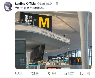 这是一张拍摄于机场内的照片，画面上方是标有“国际 港澳台 Int'l & HK/”的M值机岛指示牌，下方远处则是麦当劳的经典黄色M品牌标识。发布者在X平台配文疑惑“为什么有两个m值机岛”，玩了谐音梗，将麦当劳的M标识调侃成了另一个“M值机岛”，制造出有趣的误会，引发网友趣味讨论。