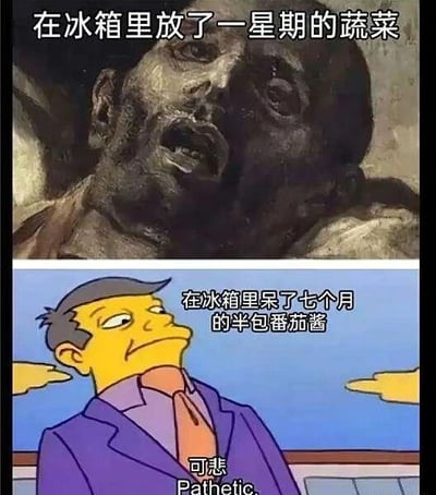 这是一张上下对比的拼接梗图，通过夸张的视觉反差调侃不同食材的保质期差异：上图是一个面容枯槁、状态极差的人物形象，配文“在冰箱里放了一星期的蔬菜”，用极具冲击力的画面表现蔬菜在冰箱存放一周后就会快速变质、失去新鲜度的特点；下图是美国经典动画《辛普森一家》中的角色，表情不屑、神态轻蔑，配文“在冰箱里呆了七个月的半包番茄酱”，下方还有“可悲 Pathetic”的文字，以强烈的反差感，幽默地凸显出蔬菜易腐坏而番茄酱保质期极长的日常食材储存现象，用拟人化的方式放大了这种差异带来的趣味性。