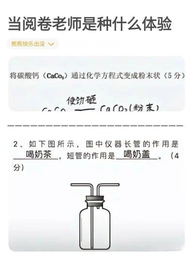 这是一张展示学生趣味脑洞答题的图文内容，整体分为上下两个部分，以“当阅卷老师是种什么体验”为主题，呈现了两道化学相关题目中学生的搞笑回答：上半部分是一道化学题，要求用化学方程式将碳酸钙转化为粉末状，学生却用“使劲砸”的生活化方式来“得到”粉末状碳酸钙；下半部分是实验仪器题，询问双导管仪器的长管和短管作用，学生将化学仪器和日常喝奶茶的场景结合，分别答成“喝奶茶”和“喝奶盖”，用脱离常规的脑洞回答制造出强烈的搞笑效果，既展现了学生答题时的天马行空，也体现出阅卷老师会遇到的趣味特殊答题场景。
