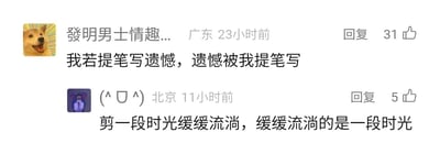 这是一张横版的社交媒体评论区截图，展示了两条网友发布的互动评论。第一条评论来自IP地址为广东的用户，用户名为“發明男士情趣...”，头像是咧嘴大笑的热门柴犬表情包，发布于23小时前，内容为“我若提笔写遗憾，遗憾被我提笔写”，该评论获得了31个点赞，采用回环修辞，将前半句的语句颠倒重组形成后半句，构建出循环的诗意表达。第二条评论来自IP地址为北京的用户，头像是一个紫色的卡通形象，发布于11小时前，内容为“剪一段时光缓缓流淌，缓缓流淌的是一段时光”，获得5个点赞，同样使用回环句式，改编自凤凰传奇的歌曲《荷塘月色》中的原句“剪一段时光缓缓流淌”，是对第一条评论的句式呼应与玩梗，展现了网友在评论区进行文字趣味创作的互动场景。
