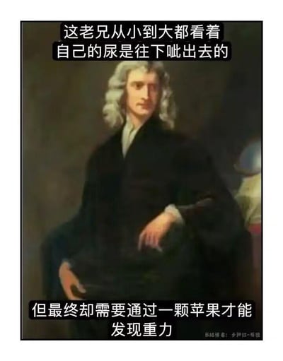 这是一张以物理学家艾萨克·牛顿的正式肖像为基础制作的搞笑梗图，通过两段文字制造强烈反差来营造笑点：上方文字写道“这老兄从小到大都看着自己的尿是往下呲出去的”，下方文字接续“但最终却需要通过一颗苹果才能发现重力”。图中用日常生活中人人都能接触到的、受重力影响的小事，和牛顿被苹果启发发现重力的经典科学轶事做对比，用这种荒诞的反差感来调侃，制造出戏谑搞笑的效果，无谐音、双关等特殊梗，仅靠场景反差博人一笑。