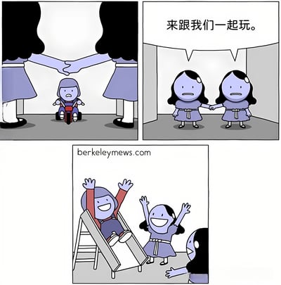 这是一个三格连环漫画。第一格中，一个戴着紫色头盔的小男孩骑着红色三轮车，面对两个只露出下半身的高大人物伸出的手，表情显得害怕。第二格中，两个紫色皮肤、黑色头发、穿着蓝色连衣裙的女孩站在一起，面无表情地说：'来跟我们一起玩。'第三格中，小男孩开心地从滑梯上滑下来，举起双手，旁边一个紫色女孩也开心地举起双手，另一个紫色女孩则伸出手似乎在邀请他。