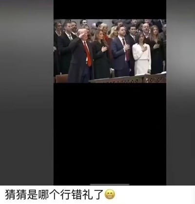 这是一张带有调侃性质的趣味梗图，画面展示了一群人在进行致敬礼仪的场景：绝大多数人都做出了将手放在胸口的美国国旗致敬礼仪动作，唯独唐纳德·特朗普做出了军礼的动作，与周围人格格不入。图片下方配有中文文字“猜猜是哪个行错礼了😁”，用提问的方式放大这个礼仪失误，制造出搞笑的效果。