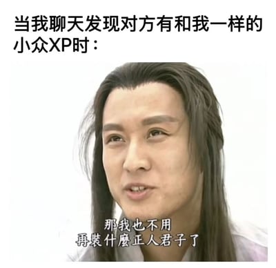 图片上方配有文字“当我聊天发现对方有和我一样的小众XP时：”，下方是演员沈晓海在电视剧《花姑子》中饰演陶醉的剧照，角色表情惊讶又略带狡黠，图片底部配有文字“那我也不用再装什么正人君子了”。通过角色表情和文字结合，幽默地表达了发现志同道合者时不再需要伪装自己的轻松心态。