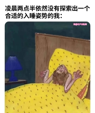 这张梗图通过夸张的插画风格幽默地表现了失眠者的困境。图片上方配有文字“凌晨两点半依然没有探索出一个合适的入睡姿势的我:”，下方是一幅插画，描绘了一个表情痛苦、身体扭曲的人躺在床上，双臂举起，似乎在尝试找到舒适的睡姿。插画背景中有一个蓝色台灯和深色墙壁，营造出深夜的氛围。黄色床单上有细小的图案，与人物的痛苦表情形成鲜明对比，突出了失眠时的无奈与挣扎。