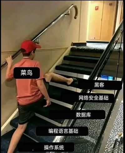 这是一张调侃网络安全领域新手的梗图，画面中一位被标注为“菜鸟”的红衣男子，试图跨过“操作系统”“编程语言基础”“数据库”“网络安全基础”这些代表行业必备学习阶段的台阶，直接踏上标注为“黑客”的最高阶台阶，生动形象地讽刺了部分新手好高骛远，想要跳过必备的基础学习阶段、一步到位成为专业黑客的浮躁心态，常出现在网络技术相关社群中，用来提醒学习者重视基础积累、循序渐进。