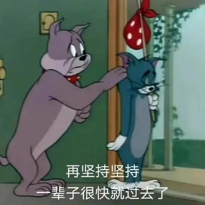 经典动画《猫和老鼠》的场景改编，紫色的斯派克狗用右手抓住蓝色汤姆猫的头部，汤姆表情沮丧低头闭眼，背景有绿色墙壁和窗户。图片底部配有文字“再坚持坚持 一辈子很快就过去了”，用幽默方式表达对生活压力的无奈调侃。