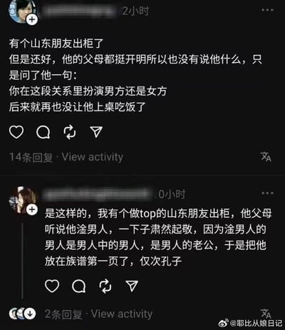 这是由两张社交媒体帖子截图拼接而成的梗图，通过两个极端反差的段子结合山东地域文化制造搞笑效果：
1. 第一段段子：一位山东朋友向父母出柜，父母询问其在同性关系中的角色后，便不再让他上桌吃饭，玩了山东家庭重视男性角色、上桌吃饭的传统习俗梗；
2. 第二段段子：作为对前者的玩梗创作，讲述一位在同性关系中是top的山东朋友出柜，父母认为“淦男人的男人是男人中的男人”，将他放在族谱第一页仅次于孔子，夸张调侃山东对男性气概、家族族谱及孔子的重视。

梗点说明：结合山东地域文化中重视家族地位、男性气概、尊崇孔子的特点，对同性出柜的不同情况进行夸张化的反差创作，形成强烈的喜剧效果。