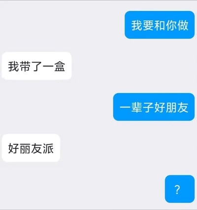 这是一张即时通讯软件的聊天记录截图，对话双方通过拆分连贯语句发送，制造出了错位的搞笑效果。发言者A原本想完整表达“我要和你做一辈子好朋友”，将句子拆分为两段发送；发言者B则是拆分“我带了一盒好丽友派”为两段发送。双方的消息交错显示后，形成了意料之外的对话组合，最后发言者A发出问号，表现出对当前对话错位的疑惑，整体内容轻松有趣，是典型的网友创作的趣味聊天梗。