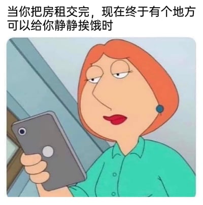 这是一张改编自动画《恶搞之家》的表情包，图中是动画角色露易丝·格里芬，她手持手机，眼神涣散、表情麻木又无奈，搭配上方的文字“当你把房租交完，现在终于有个地方可以给你静静挨饿时”，精准戳中了当代打工人交完房租后经济拮据的痛点，用幽默戏谑的方式表达了年轻人在城市生活中面对房租压力的心酸与窘迫，很容易引发同类群体的情绪共鸣。