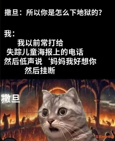 这是一张黑色幽默风格的梗图，上方文字显示撒旦询问对方下地狱的原因，中间文字部分是回答：'我以前常打给失踪儿童海报上的电话然后低声说'妈妈我好想你然后挂断'。图片下方是一只表情极度震惊的猫，被标注为'撒旦'，背景是地狱场景。通过将可爱的猫咪表情与黑暗的地狱背景和令人不适的恶作剧内容结合，形成强烈的反差幽默效果。