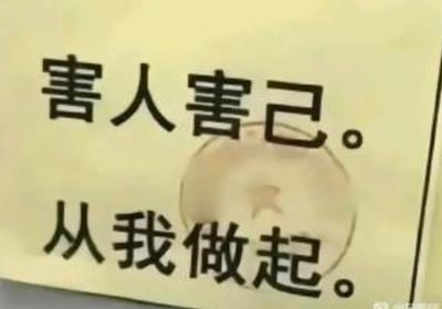 这是一张玩语序反差梗的搞笑图文梗图，图中上下两行分别标注文字“害人害己。”和“从我做起。”。正常的正向标语逻辑是“杜绝害人害己，从我做起”，倡导大家避免做出损人不利己的行为，而这张图通过拆分断句、调整语义逻辑，将其曲解为“要做出害人害己的行为，从我开始”，制造出荒诞搞笑的反差效果，用自嘲式的调侃来博人一笑。