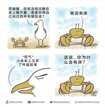 这是一幅四格连环卡通漫画，讲述了海鸥与螃蟹的对话引发的社死趣事：第一格中海鸥向螃蟹搭话，询问对方有没有过躺在床上睡不着、反复回想自己说过的尴尬话的经历；第二格螃蟹直白回应自己没有床；第三格海鸥尴尬叹气，感慨自己又多了一件尴尬事；第四格螃蟹反过来疑惑地询问海鸥为什么会有床。整个对话利用场景与角色的反差感，制造出搞笑的效果，精准戳中人们因无心之言陷入社死的共鸣点。