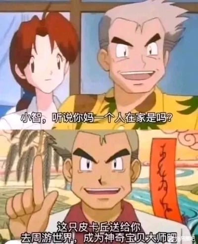 这是一张由《精灵宝可梦》动画截图改编的上下拼接恶搞梗图，上图呈现了大木博士与小智妈妈同框的画面，大木博士向小智发问“听说你妈一个人在家是吗？”；下图则是大木博士单独的画面，他竖起一根手指，对小智说道“这只皮卡丘送给你，去周游世界，成为神奇宝贝大师吧”。这张图通过刻意拼接场景并修改台词，暗示大木博士想支开小智的潜在含义，利用动漫角色的经典形象制造出荒诞搞笑的反差感，属于网络上流行的二次创作梗图。