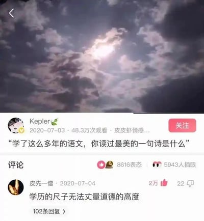 这是一张皮皮虾平台的社交媒体截图，顶部展示了云层间透出阳光的风景图。下方是用户Kepler在2020年7月3日发布的互动内容，提问“学了这么多年的语文，你读过最美的一句诗是什么”，该内容标注为皮皮虾情感类，累计获得48.3万次观看。页面显示有8616人表态、5943人插眼。评论区中，用户皮先一僧在2020年7月4日发布的评论“学历的尺子无法丈量道德的高度”并未直接回答诗句问题，而是表达了学历与道德无直接关联的观点，这条评论获得了2万点赞、22条评论以及102条回复，成为该内容的热门评论，跳出原提问范畴的观点引发了用户关注。