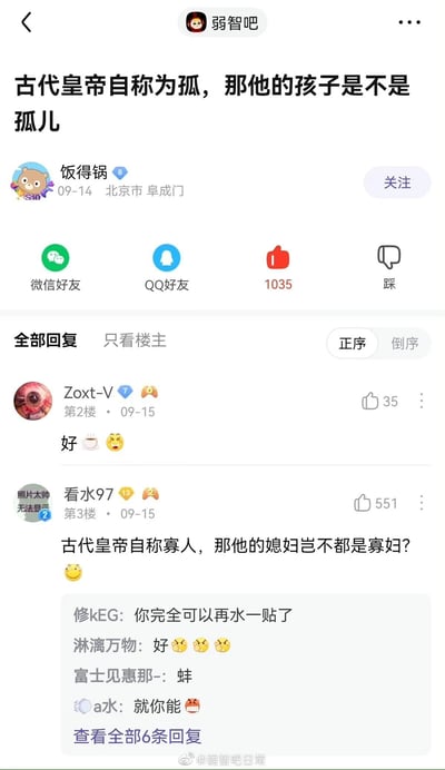 这是一张来自百度贴吧“弱智吧”的社交媒体截图，楼主用户“饭得锅”于09-14发布了一个利用中文词语多义性偷换概念的无厘头问题：“古代皇帝自称为孤，那他的孩子是不是孤儿”，该帖子获得了1035个点赞。在楼层回复中，用户“Zoxt-V”以表情加文字表示认可，用户“看水97”顺着楼主的逻辑继续玩梗，提出“古代皇帝自称寡人，那他的媳妇岂不都是寡妇？”，引发了其他用户的互动回复，包括“你完全可以再水一贴了”“蚌”等内容，整体内容围绕中文词语的不同含义玩梗，充满网络趣味搞笑的氛围。