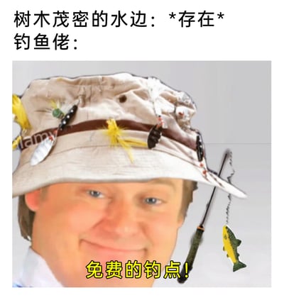 这是一张调侃钓鱼爱好者的趣味梗图，上方文字构建场景：‘树木茂密的水边：*存在*’，引出下方的钓鱼佬形象。图中是一位面带满足微笑的真人男子，他的帽子上被P上了各种钓鱼用的拟饵，还伸出一根迷你钓竿，钓着一条小鱼，底部配文‘免费的钓点！’，用夸张戏谑的方式，表现出钓鱼爱好者只要看到合适的水域，就会立刻将其视为可钓鱼的地点，不放过任何钓鱼机会的狂热与执着，精准戳中钓鱼爱好者群体的特点，充满搞笑氛围。