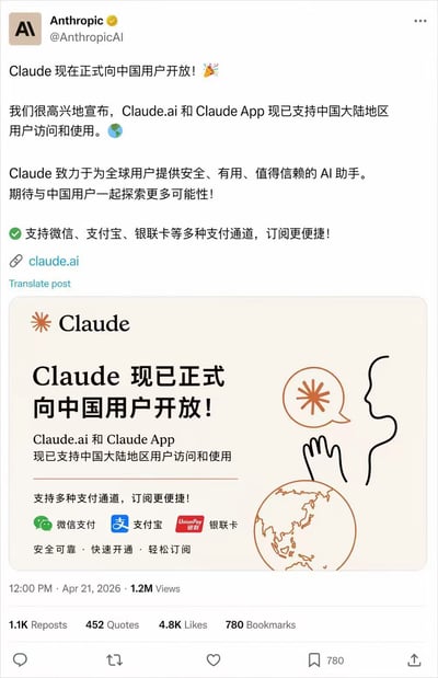 这是一张经过PS修改的X（原推特）平台推文截图，伪装为AI产品Claude的开发公司Anthropic的官方账号@AnthropicAI发布的公告，内容称Claude网页版及移动端App于2026年4月21日正式对中国大陆地区用户开放使用，同时支持微信支付、支付宝、银联卡三种国内主流支付渠道方便用户订阅服务，推文下方附带了Claude官方风格的宣传卡片，搭配简笔风格的插画及同样的开放说明，该虚构推文标注的浏览量为120万，还有1.1千次转发、4.8千次点赞等互动数据。