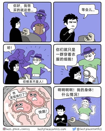 这是一组六格的原创搞笑脑洞漫画，故事发生在超市收银台：一位蒙面紫衣顾客前来结账，收银员察觉不对劲叫住对方，随后一把扯下顾客的紫色伪装，得意地指出“你根本不是人”，接着收银员用放大镜观察顾客，进一步拆穿“你们就只是一群穿着衣服的细胞”，镜头转到顾客体内，拟人化的细胞们慌张大喊“他发现我们了！快跑！”，最后顾客的身体开始消散，他痛苦地大叫“啊啊啊啊！我的身体！什么情况！”，而收银员则淡定抱臂旁观。漫画通过层层递进的离谱拆穿，制造出荒诞的搞笑效果，将微观的细胞拟人化，放大了脑洞创意。