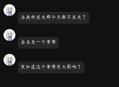 这是一张模仿聊天界面的梗图，黑色背景上有三个灰色圆角矩形消息气泡，每个气泡左侧都有一个相同的动漫头像——白发女孩穿着紫色衣服，头像旁有小红心。气泡内文字依次为：'当我的发史群今天都不发史了'、'全在发一个事情'、'就知道这个事情有大影响了'，通过群聊中成员行为的转变，幽默地表达某个事件影响力很大，连平时讨论历史的群都被刷屏了。