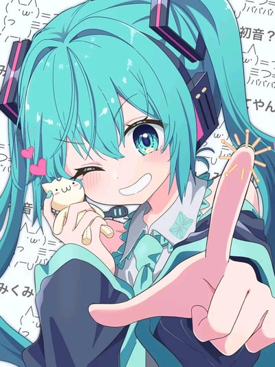 An anime-style illustration of Hatsune Miku, featuring her signature turquoise twin tails and headset. She is winking with one eye, blushing, holding a small plush toy in her left hand, and pointing directly at the viewer with her right index finger. The background has cute doodles including hearts, cat faces, and Japanese text, creating a playful and charming atmosphere.