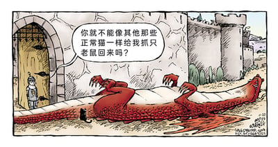 这是一幅美式单格幽默漫画，场景设定在中世纪风格的城堡外的沙土地面上。城堡的拱形石门口站着一位身着银灰色盔甲、头戴头盔的城堡主人，他脸上露出无奈又无语的神情，正对着地面说话。地面上躺着一条体型庞大的红色恶龙，恶龙身体有明显的血迹，已经失去生命迹象，在恶龙的身体下方，露出一只黑色的小猫咪，显然这条恶龙是这只猫咪捕获的“猎物”。城堡主人的对话气泡里写着“你就不能像其他那些正常猫一样给我抓只老鼠回来吗？”，通过猫咪完成了远超常规猫的任务（抓龙）却没做本职工作（抓老鼠）的强烈反差，制造出荒诞搞笑的幽默效果，让人感受到主人的哭笑不得。