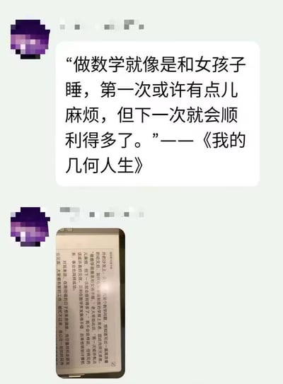 图片上方为白色对话框，内有黑色文字引用：“做数学就像是和女孩子睡，第一次或许有点儿麻烦，但下一次就会顺利得多了。”——《我的几何人生》。图片下方展示了一本打开的书或电子设备屏幕，上面有密集的中文文字内容。左上角和左下角各有一个紫色像素化图案。