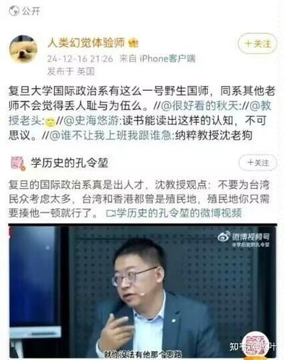 图片展示了微博上关于复旦大学国际政治系沈教授争议言论的讨论。顶部是用户"人类宽体体验师"发布的评论，批评该教授为"野生国师"和"纳粹教授沈老狗"，质疑同系其他老师的态度。下方是用户"学历史的孔雀李"的帖子，引用沈教授观点称"台湾和香港都曾是殖民地，殖民地你只需要揍他一顿就行了"。最下方是教授演讲的视频截图，显示一位戴眼镜的中年男性正在讲话，屏幕底部有"就你说没有他那个思路"的字幕。