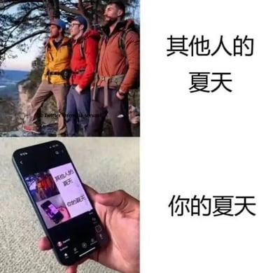图片分为上下两部分形成鲜明对比。上半部分是三位穿着户外冲锋衣、背着背包的男性站在悬崖边，背景是开阔的自然景色，配文“其他人的夏天”，展现出积极户外、充满活力的夏日场景。下半部分是一只手拿着手机，手机屏幕上显示着两张图片，上方是上半部分的徒步者照片并标注“其他人的夏天”，下方是另一张模糊的照片标注“你的夏天”，配文“你的夏天”，暗示自己的夏天更多是通过手机观看他人生活。整体通过对比幽默地呈现了理想中别人的夏天与自己现实夏天的差异。