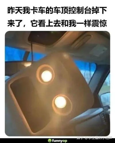 这是一张卡车内部的实拍照片，车顶的控制台部件意外脱落，部件上两个亮起的圆形灯组恰好位于类似人脸眼睛的位置，整体外形看起来就像一张瞪大双眼、满脸震惊的脸。图片上方配有文字：“昨天我卡车的车顶控制台掉下来了，它看上去和我一样震惊”，用拟人的手法将脱落的控制台赋予人的情绪，巧合的外形加上趣味配文，制造出荒诞搞笑的效果，没有双关或谐音梗，只是利用外形巧合的拟人化趣味表达。