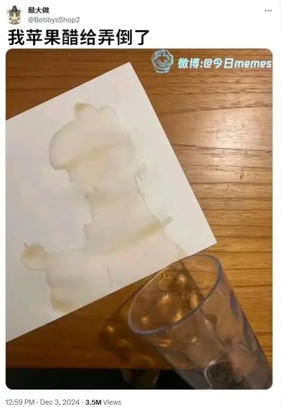 这是一张社交平台截图，博主“最大做”发布了自己打翻苹果醋的场景：透明玻璃杯里的苹果醋洒在白纸上，液体浸染纸张后意外形成了类似羊驼的轮廓，玻璃杯倾倒在木质桌面上，杯内还残留着苹果醋的痕迹。博主配文表示自己弄倒了苹果醋，这个巧合形成的趣味图案让日常的小意外变得有趣，引发网友关注，该内容在海外社交平台获得3.5M浏览量，同时被微博@今日memes账号转载传播。