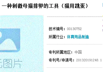 这是一张图文混排的屏幕截图，左侧为“无图片”的占位区域，右侧展示了一项中国专利的详细信息：专利名称为“一种刺激母猫排卵的工具（猫用跳蛋）”，技术编号00130752，所属行业被标注为“体育用品制造”，专利号/申请号为201320191248.1。其中存在明显的分类错误，该工具属于宠物医疗相关用品，却被归类到体育用品制造，这种错误让内容显得十分荒谬搞笑。
