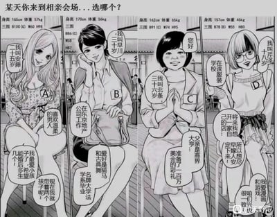 这是一幅漫画风格的趣味相亲选题图，展示了四位条件各异的相亲女性A、B、C、D：
- **A（安藤）**：25岁，带两个孩子，喜欢温柔男性，婚后想多生孩子
- **B（早川）**：30岁，东京地产公司工作，名牌大学法学毕业，爱好骑马和古典舞
- **C（北条）**：36岁，父亲是商界大亨，准备了百万美金彩礼
- **D（芹泽）**：18岁，服装专业在读，未来想开自己的店，想早点嫁人
图中通过呈现四位女性的不同择偶条件与人生规划，制造出充满讨论性的选择场景，没有双关或谐音梗，主打趣味择偶选择的话题性。