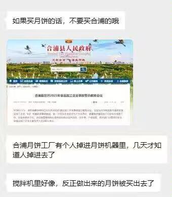 这是一张图文混排的社交媒体传播截图，顶部配有文字提示“如果买月饼的话，不要买合浦的哦”，中间插入了合浦县人民政府的官方网页截图，网页显示内容为“合浦县召开2023年食品加工企业诚信体系建设会议”，底部则编造了一段惊悚的谣言文字：“合浦月饼工厂有个人掉进月饼机器里，几天才知道人掉进去了，搅拌机里好像，反正做出来的月饼被买出去了”，整体内容属于恶意传播的食品安全类不实信息，利用官方网页截图增加谣言的可信度。