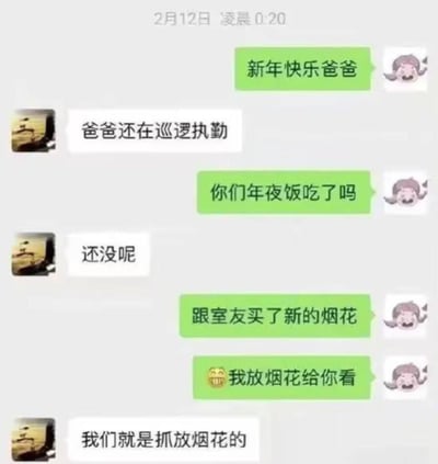 这是一张2月12日凌晨0:20的聊天记录截图，显示孩子给正在巡逻执勤的爸爸发送新年祝福，兴奋地说要和室友放新买的烟花，爸爸却回复“我们就是抓放烟花的”，形成幽默又温馨的反差。对话中孩子的天真与爸爸的职责形成有趣对比，体现了春节期间坚守岗位人员的奉献与家庭温情。