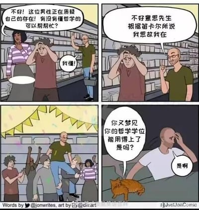 这是一则四格连环漫画：第一格中，图书馆里一位紫衣女士焦急呼喊，求助懂哲学的人来开解一位正痛苦质疑自身存在的男士，一位绿衣男士举手表示自己懂；第二格中，绿衣男士变成光头，用笛卡尔的“我思故我在”来开解痛苦的男士；第三格中，光头男士被众人抬起欢呼，仿佛解决了大难题；第四格画面一转，光头男士躺在床上，旁边的人问他是不是又梦见自己的哲学学位派上用场了，光头男士扶着头承认“是啊”，床边还有一只慵懒的橘猫。漫画通过梦境与现实的反差，讽刺了哲学这类偏理论的专业学位在现实生活中难以发挥实用价值的尴尬处境，笑点在于对冷门专业从业者的共情式调侃。