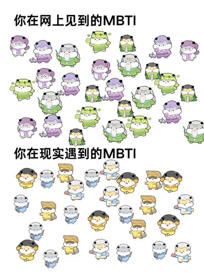 这是一张上下对比结构的卡通梗图，采用可爱的仓鼠拟人形象作为视觉元素。上半部分配文“你在网上见到的MBTI”，展示了紫、绿两种色系的四种区分度极高、造型特征鲜明的仓鼠形象，对应互联网上被高度标签化、特征突出的MBTI人格刻板印象；下半部分配文“你在现实遇到的MBTI”，展示的黄、蓝色系仓鼠形象区分度极低，外观特征高度相似，调侃现实中人们的人格并不像网络传播的MBTI标签那样有强烈的划分度，讽刺了互联网对MBTI人格过度刻板分类、脱离实际的现象。
