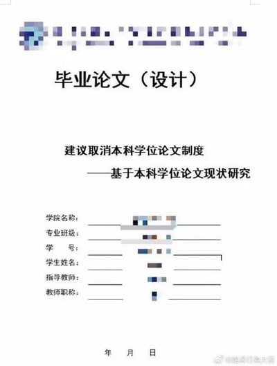 这是一张经过修改的本科毕业论文封面图，顶部显示“毕业论文（设计）”标题，核心副标题为“建议取消本科学位论文制度——基于本科学位论文现状研究”，形成强烈的反讽效果：用一篇毕业论文来论证取消毕业论文制度的必要性。封面下方的学院名称、专业班级、学号、学生姓名、指导教师等个人信息栏均被像素化处理，底部标注“年 月 日”。右下角有水印“@迷惑行为大赏”，整体风格模仿正式论文模板，但内容极具争议性，反映了部分学生对本科毕业论文制度的吐槽与质疑。
