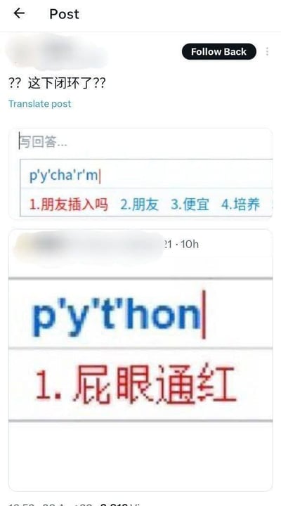 社交媒体截图展示了一个搞笑的拼音输入翻车现场：当尝试输入类似'Python'的拼写时，第一次输入'p'y'cha'r'm'出现了'朋友插入吗'等无关联想，第二次输入'p'y't'hon'更离谱地联想出'屁眼通红'。帖子顶部配文'?? 这下闭环了??'，调侃输入法在处理英文单词拼音化输入时的荒诞错误，充满程序员圈子的自嘲与幽默感。