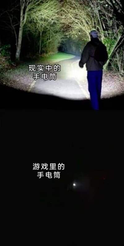 这是一张上下结构的对比梗图，上半部分展示了现实中的手电筒使用场景：夜晚的林间小路上，手电筒能照亮前方较大范围的路面，可供人正常行走；下半部分几乎为全黑画面，仅存在一个非常微弱的小光点，配文标注为游戏里的手电筒，用来调侃很多恐怖类游戏等作品中手电筒照明范围极小、设计不符合现实逻辑的特点，通过两者的强烈反差制造搞笑效果，很容易引发玩家的共鸣。