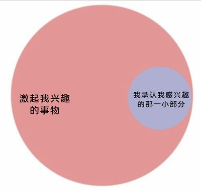 这是一张以圆形对比形式呈现的趣味心理示意图，画面中一个大的粉红色圆形代表“激起我兴趣的事物”，涵盖范围十分广阔；在其右下角嵌套着一个小的紫色圆形，标注为“我承认我感兴趣的那一小部分”，仅占大圆形很小的比例。这张图生动地刻画了一种普遍的心理状态：人们内心真正感兴趣的事物范围远大于自己愿意对外承认的部分，精准戳中人们在表达兴趣时“有所保留”的心态，容易引发观者的情绪共鸣。